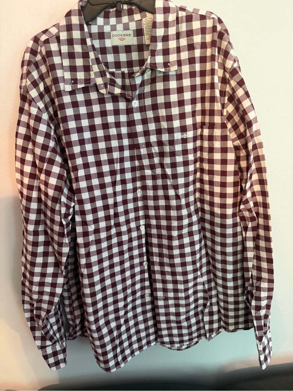 Dockers Men’s Maroon and White Check Casual Button-Down Shirt